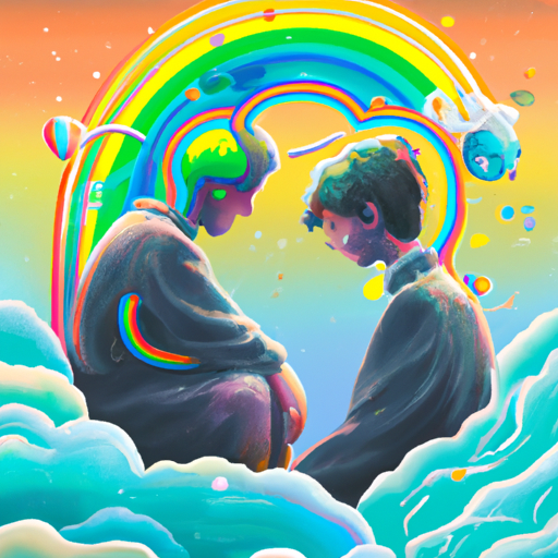 איור צבעוני, סוריאליסטי של שני אנשים המחוברים באמצעות בועת מחשבה בצבע קשת