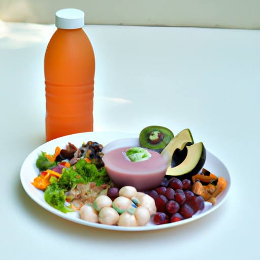 ארוחה בריאה וצבעונית המורכבת מפירות, ירקות ומקורות חלבון שונים כדי לייצג את החשיבות של תזונה מאוזנת.