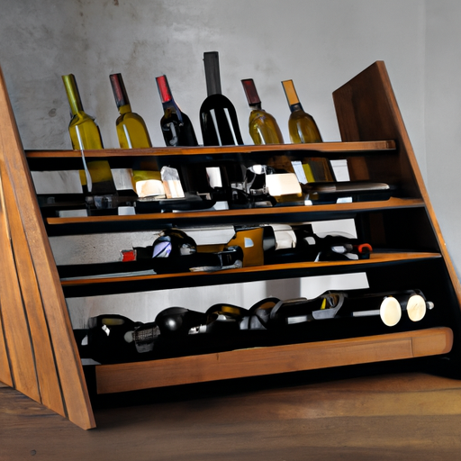 מבחר יינות משובחים המוצגים במדף יין כפרי מעץ
