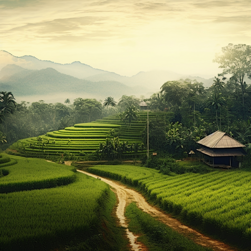 נוף פנורמי של מרפסת אורז ירוקה ושופעת עם בקתת איכרים תאילנדית מסורתית ברקע.