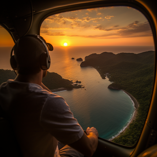 מטייל הנהנה מטיסה עם נוף מעל קו החוף הטרופי של תאילנד, כשהשמש שוקעת במרחק.